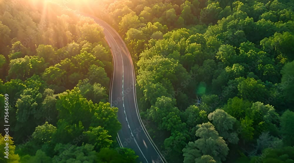 Aerial view of a road in the middle of the forest Aerial view of a road in the middle of the forest
