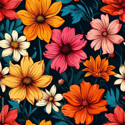 Seamless floral pattern with flowers red green blue yellow colorful flower art illustration vector creative design Generative Ai.
