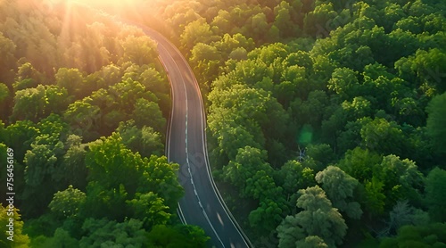 Aerial view of a road in the middle of the forest photo
