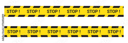 Yellow barricade tape with black diagonal stripes and text " STOP ! " isolated on white background. Vector template of seamless warning, caution ribbon for construction works or crime scene