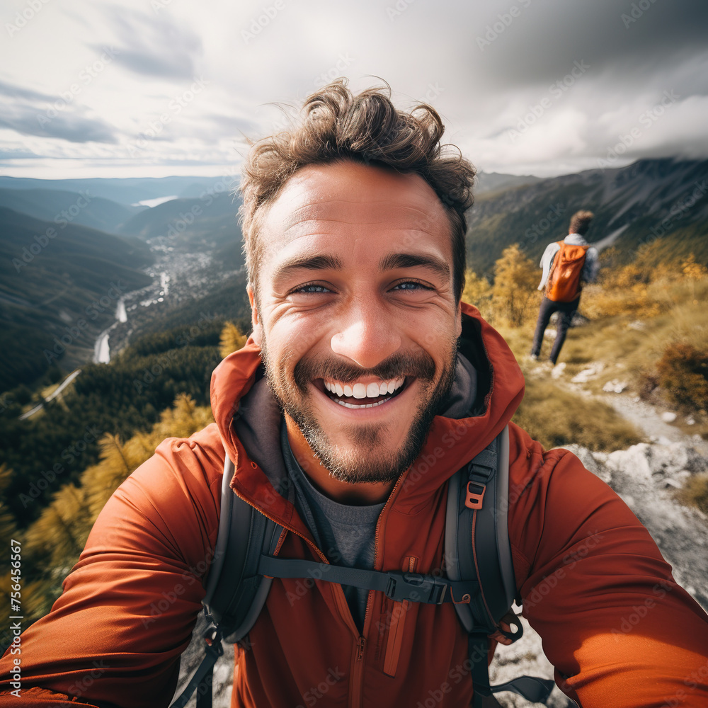 Smiling man taking a selfie with a hiker in the background on a mountain trail