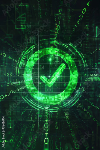A green tick icon on a digital background