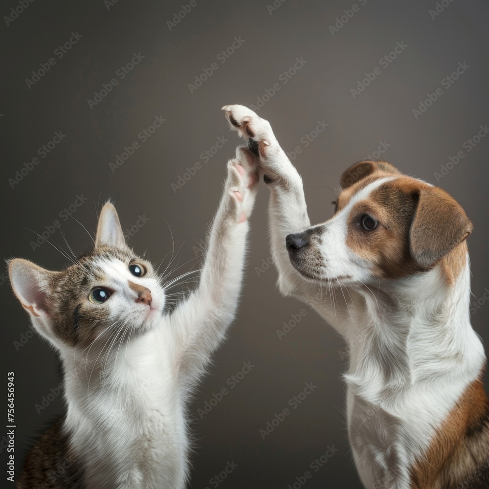 Obraz premium Dog and Cat Playing Together. High Five