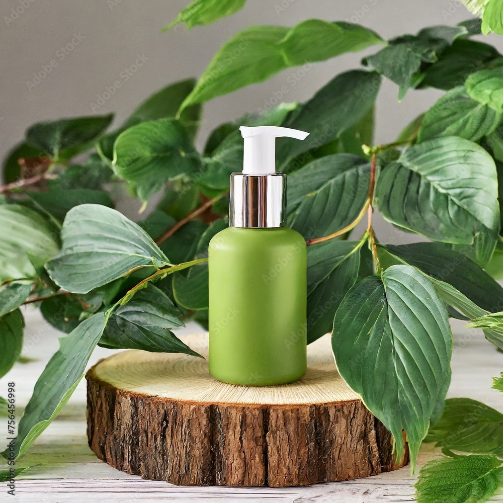 Green jar with a dispenser for organic and natural cosmetics on a wooden podium against the background of branches made of leaves. Layout for logo and label application Green jar with a dispenser for organic and natural cosmetics on a wooden podium against the background of branches made of leaves. Layout for logo and label application