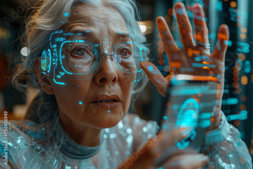 A mature woman with futuristic attire interacts with immersive virtual holographic technology around her