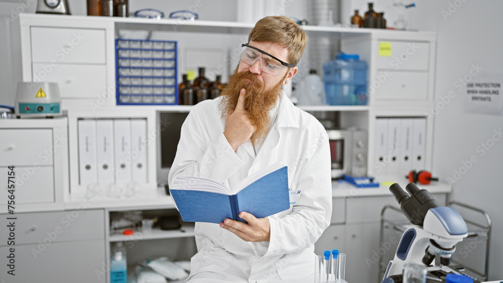 Handsome young redhead man, serious scientist engrossed in reading research book, deep in thought at the heart of a buzzing laboratory.
