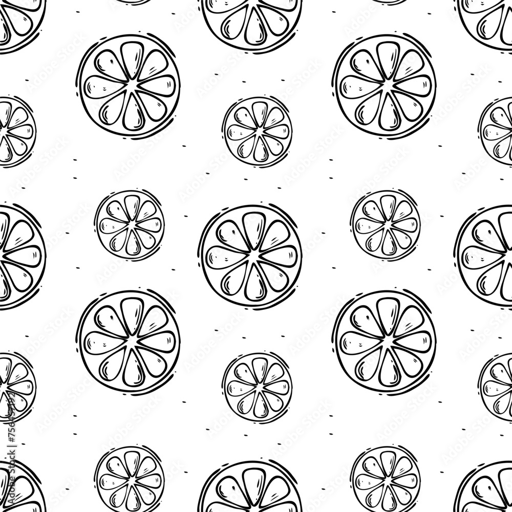 Citrus pattern in doodle style.Slice of lemon, tangerine, lime, orange or grapefruit on isolated background.Black and white vector texture.