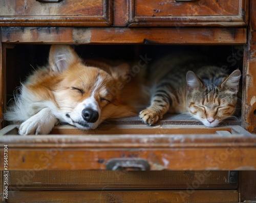 Stunning high resolution photo of a red corgi and maine coon sleeping in interesting and unusual positions.