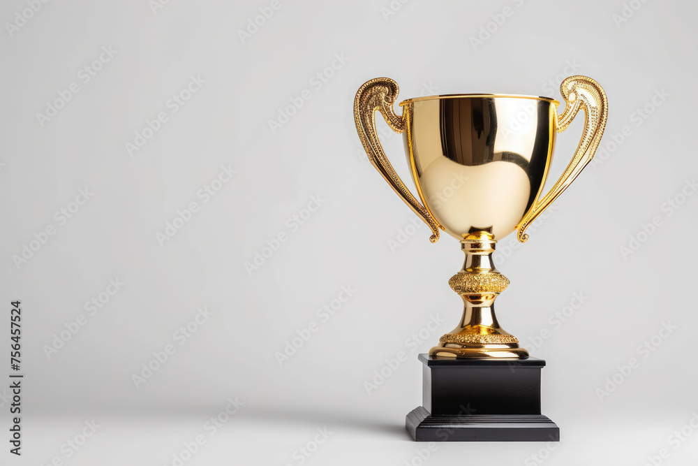 A classic gold trophy cup on a black pedestal awaits its winner on a plain background. A classic gold trophy cup on a black pedestal awaits its winner on a plain background.