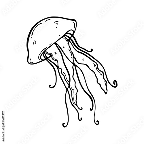 Handmade jellyfish. Vector sea animal in doodle style. Simple black and white design element.