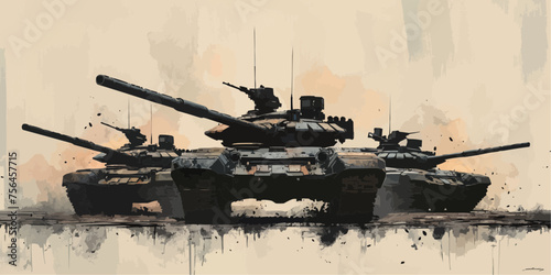 Outlined vectorized silhouettes of armored tanks, depicting military vehicles for defense