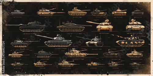 Outlined vectorized silhouettes of armored tanks, depicting military vehicles for defense