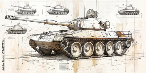 Outlined vectorized silhouettes of armored tanks, depicting military vehicles for defense