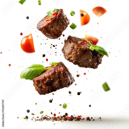 Succulent grilled steak cubes seasoned with herbs and spices, suspended in mid-air with scattered ingredients. photo