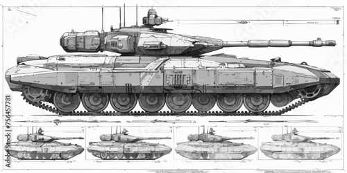 Outlined vectorized silhouettes of armored tanks, depicting military vehicles for defense