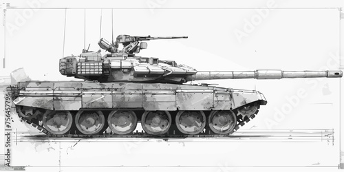Outlined vectorized silhouettes of armored tanks, depicting military vehicles for defense