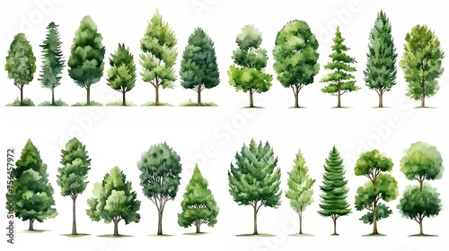 watercolor style illustration of summer or spring tree collection set  cartoon illustration isolated on white background  Generative Ai 