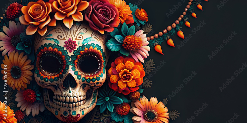 Vibrant and detailed skull with sombrero amidst traditional flowers for dia de los muertos. Mexican background for Mexico festive festival Cinco de mayo