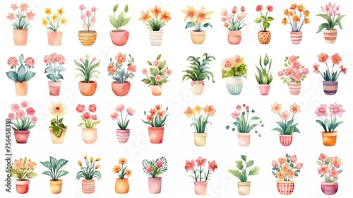 watercolor style illustration of various type blossoming pink flower pot azalea and hibiscus summer and spring, collection set isolated on white background, Generative Ai photo