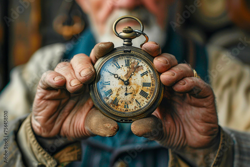Old rustic pocket watch in the hands of a laborer showcasing the dedication behind every tick and tock photo