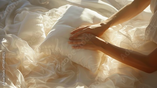 "Gentle Morning Ritual: Arranging a Pillow on Silk Sheets"