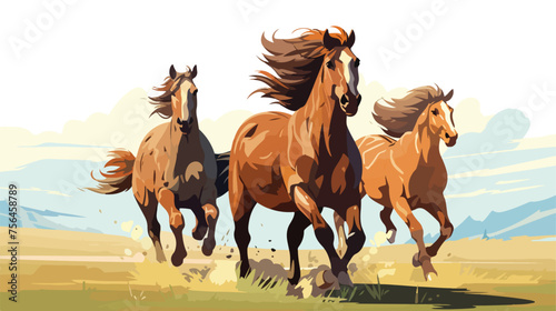 A trio of horses galloping freely across a sunlit 