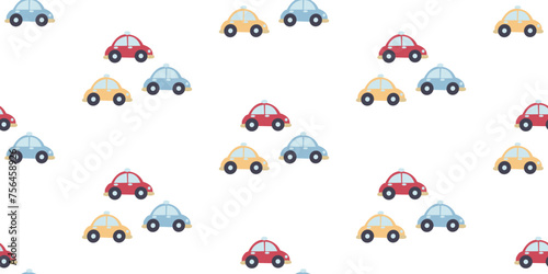 Seamless vector pattern with decorative cars on a white background. Children's seamless pattern for printing on fabric and paper, children's wallpaper.