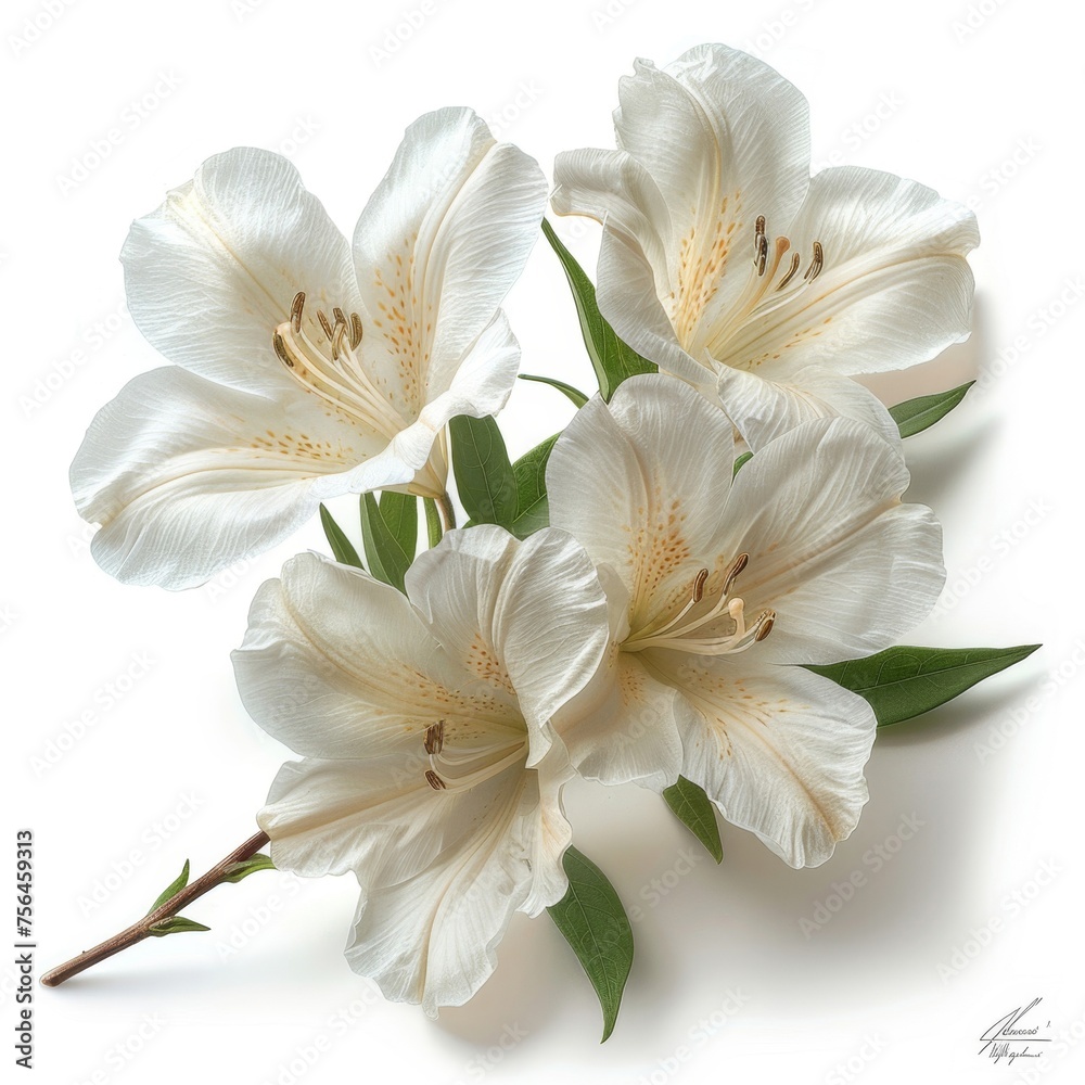 Fototapeta premium Three White Flowers With Green Leaves on White Background