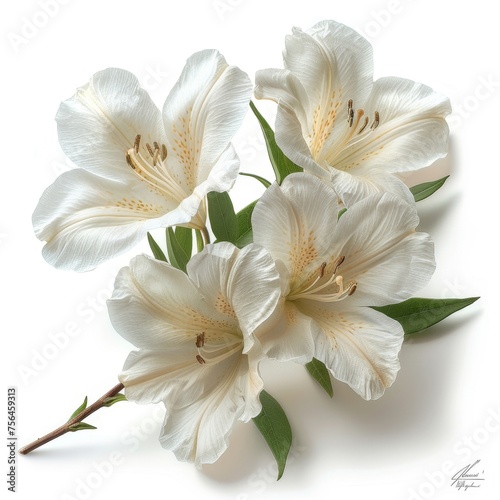Three White Flowers With Green Leaves on White Background
