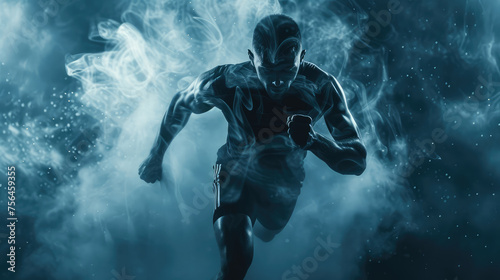 An athlete running with intensity, enveloped in a dramatic mist, exudes power and determination.