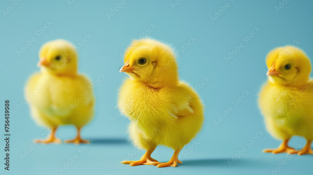 Little chickens isolated on blue background