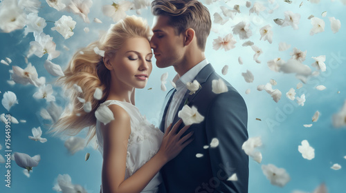 Beautiful stylish bride and groom surrounded by flowers. Wedding concept