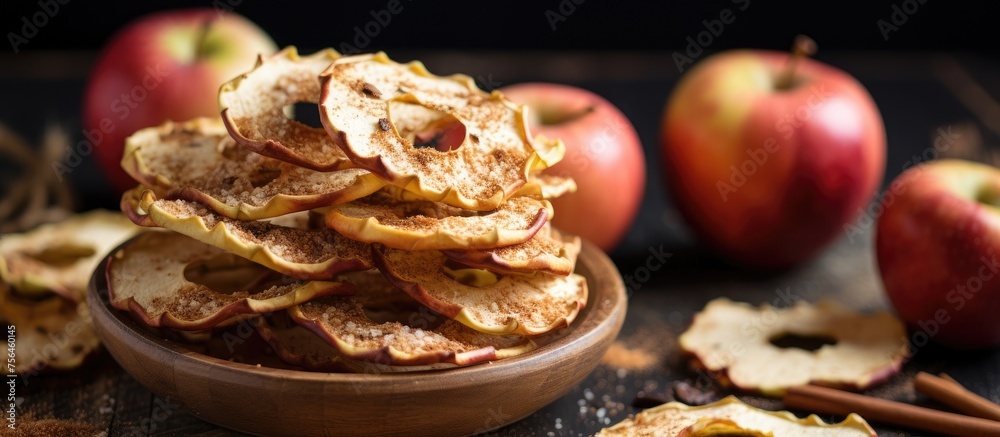 A bowl of apple chips, a popular finger food, is displayed on a table with fresh apples and cinnamon sticks. This snack is a delicious and easy recipe to make using simple ingredients - obrazy, fototapety, plakaty 
