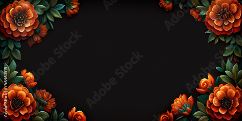 Flowers creating an oval frame on a dark backdrop. Mexican festive dia de los muertos background. Festival cinco de mayo Mexico. Day of the dead, all saints day or Halloween holiday