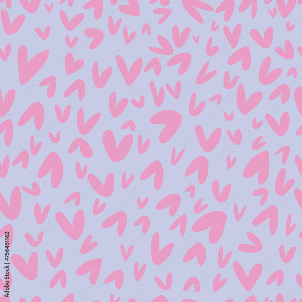 Cute pink hearts on purple background. Seamless pattern.