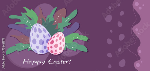 Happy Easter banner with decorated eggs hidden in grass, modern poster, greeting with springtime Christian holiday. Vector Illustration.