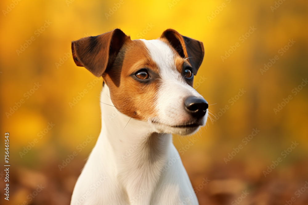 portrait d'un chien de race Jack Russell Terrier, blanc et marron, dans une forêt automnale floutée en arrière-plan.