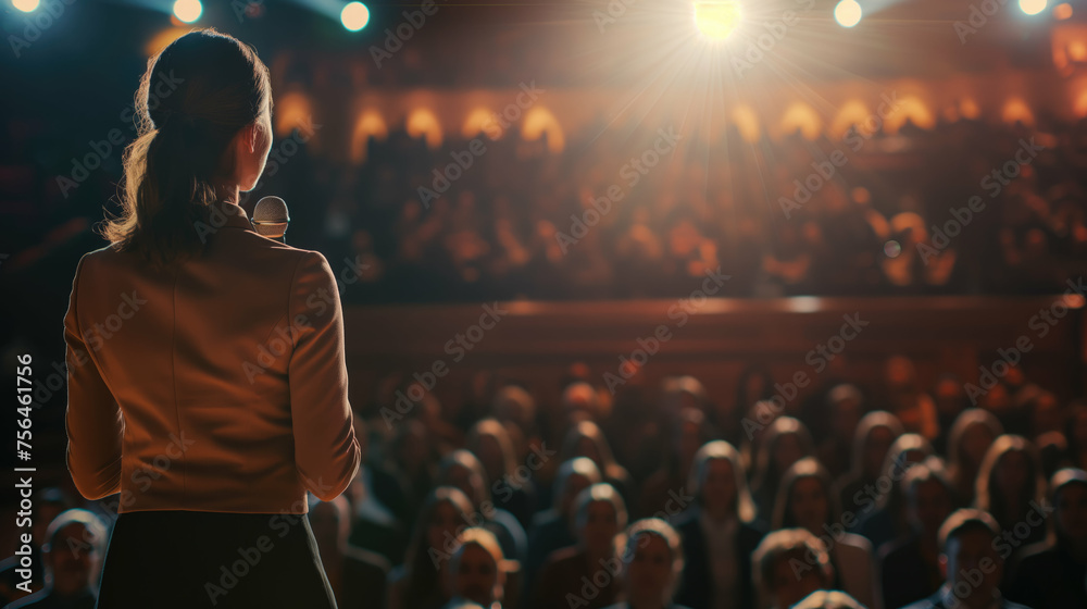 A woman stands on a stage in front of a large audience. She is giving a speech or presentation. Generative AI.