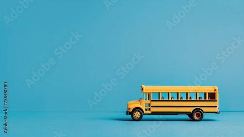 A yellow toy school bus on a vibrant blue background, minimalist style