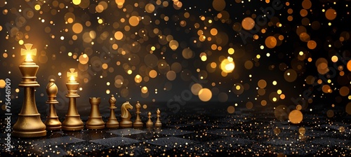 Golden chess pieces on board with festive bokeh lights, strategic gameplay concept photo