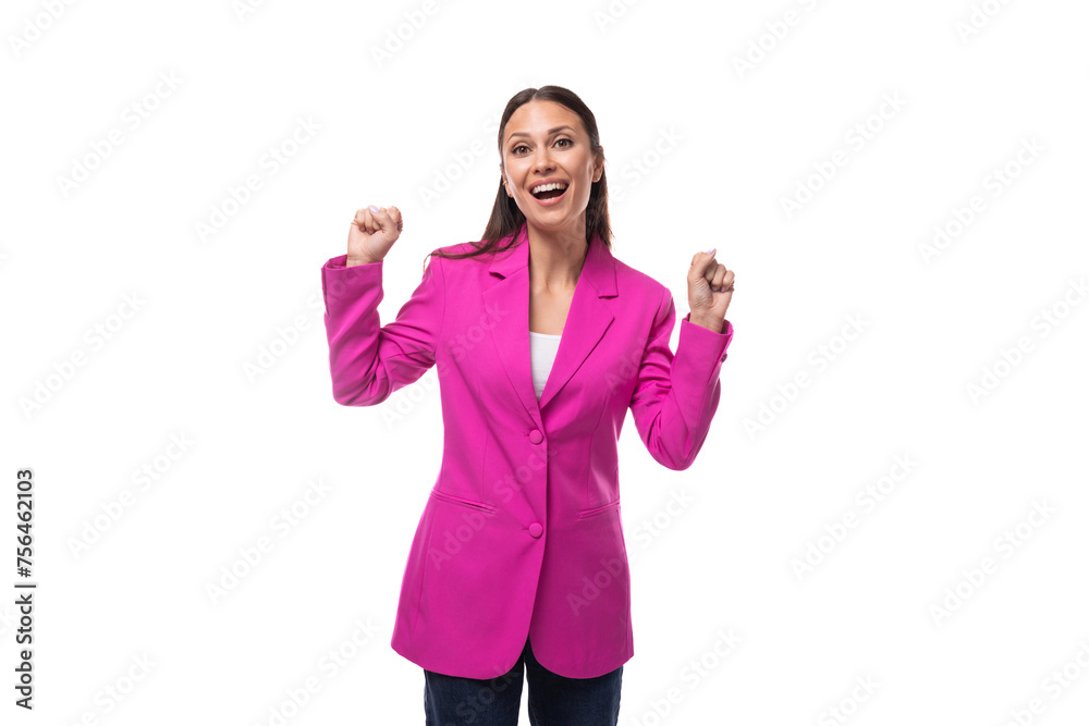 young confident successful brunette successful boss woman dressed in a stylish pink jacket young confident successful brunette successful boss woman dressed in a stylish pink jacket