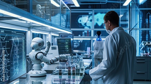 modern high-tech laboratory, people and robotic assistants work with chemical reagents, a robotic arm manipulator helps a scientist in research, medical development, robotics, AI generated