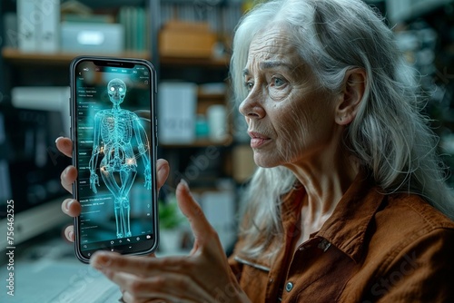 The eighth image highlights a reflective moment with a woman holding a phone that projects a holographic face mapping over her features photo