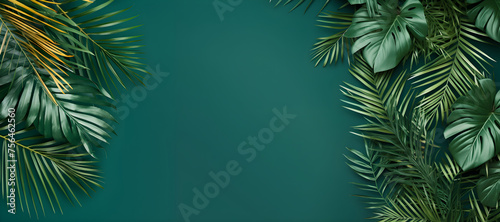 Frame of palm leaves on a green background. Design banner template for advertising, summer cards, invitations, posters with place for text