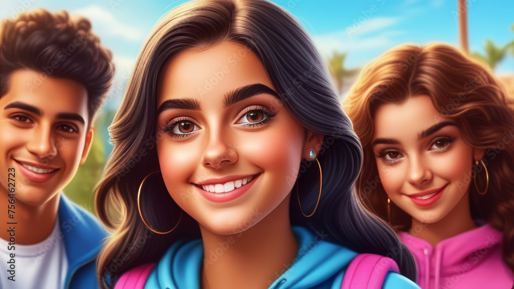 latin american teens on sunny natural background. Portrait happy cute hispanic Youngster friends. Family love and relationship sibling concept. art catroon style 