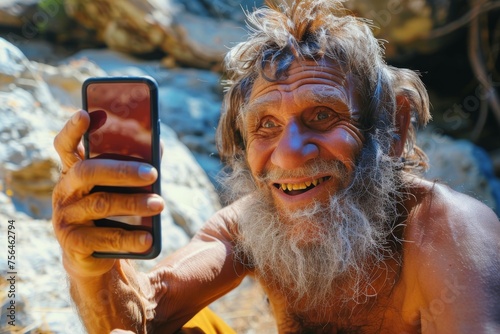 Happy Ancient Man Takes a Selfie, Modern Technology in Cavemen Hands, Wild Man with Smartphone photo