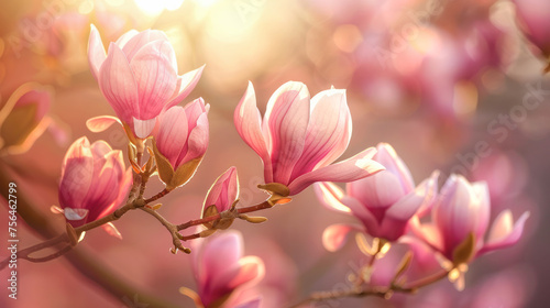 Magnolia flowers bask in the warm  soft light of spring  symbolizing new beginnings and natural beauty.