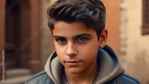 Portrait pretty hispanic teen boy on blurred background.