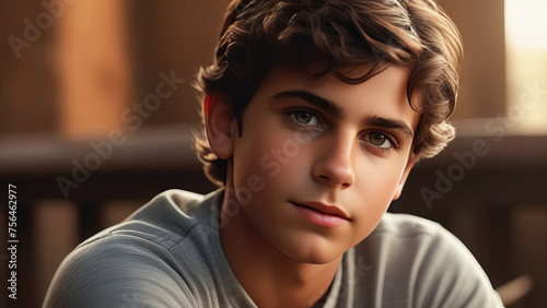 Portrait pretty hispanic teen boy on blurred background.