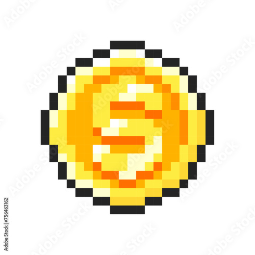 Pixel gold coin design isolated on white background. Concept of currency. Slot machine or video game item. Vector pixel art illustration of money vintage cash in 8bit old style.